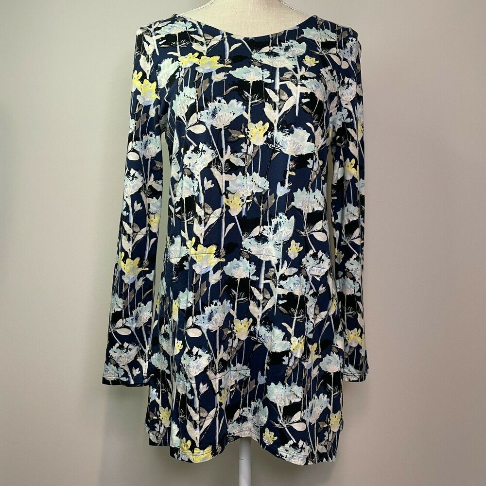Pure Jill J. Jill Floral Tunic Modal Stretch Kangaroo Pocket Blue Women's Medium